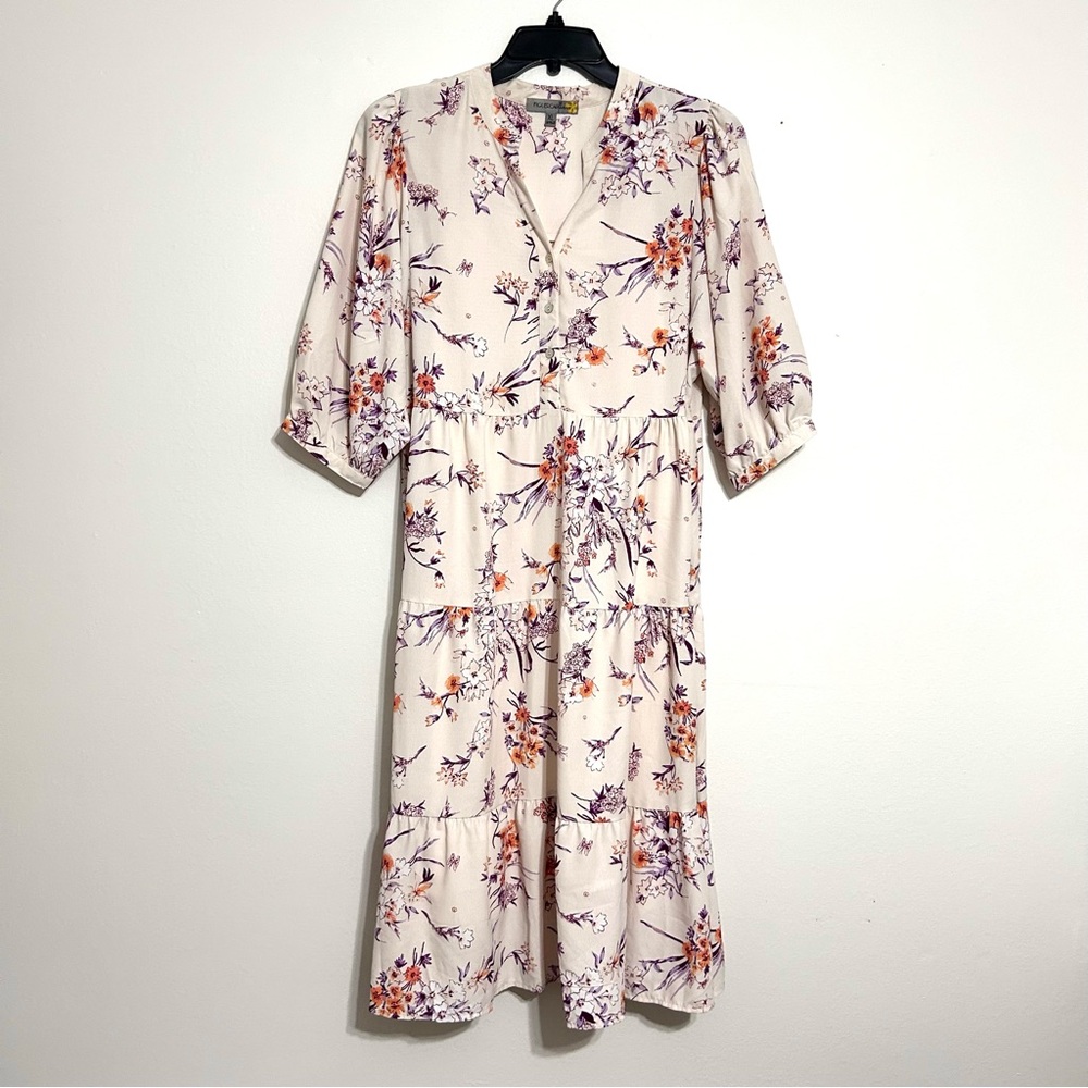 Figueroa & Flower midi floral ivory purple dress puff sleeves cottage peasant XL